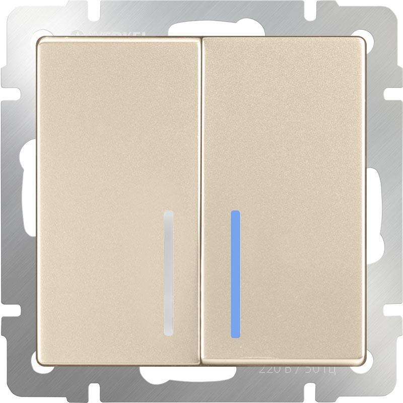 Выключатель двухклавишный проходной с подсветкой шампань WL11-SW-2G-2W-LED 4690389124655